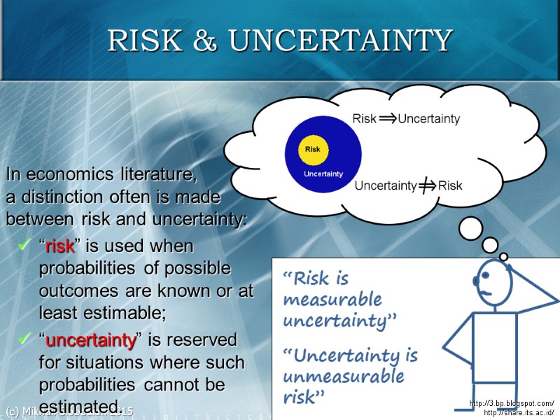 (c) Mikhail Slobodian 2015 2 RISK & UNCERTAINTY http://3.bp.blogspot.com/ http://share.its.ac.id/ In economics literature, a